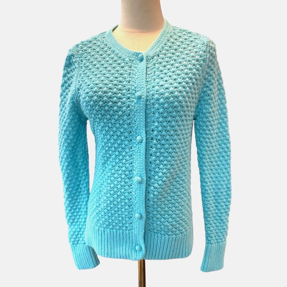 LL Bean Womens Cardigan Sweater Aqua Blue Wool Angora Blend M cottagecore